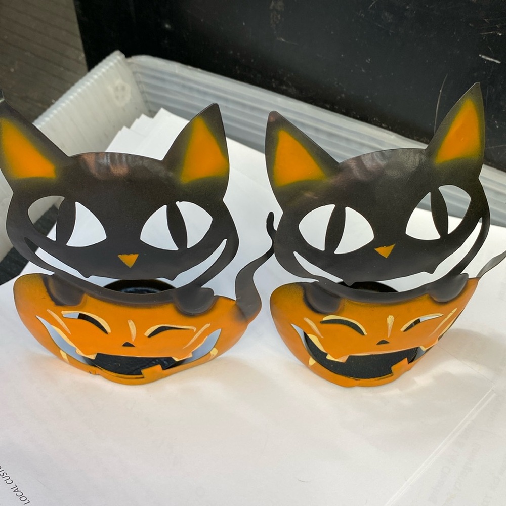 Halloween Black Cat metal  tea lite holder, set of 2